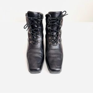 Timberland Black Genuine Leather Square Toe Lace Up Boots Wedges size 10